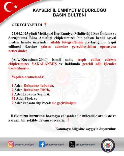 kayseride-sosyal-medya-hesabindan-silahli-pozlar-paylasan-bir-sahis-emniyet-ekiplerinin-operasyonuyla-yakalandi-evde-ruhsatsiz-tabanca-tufek-ve-cephane-ele-gecirildi