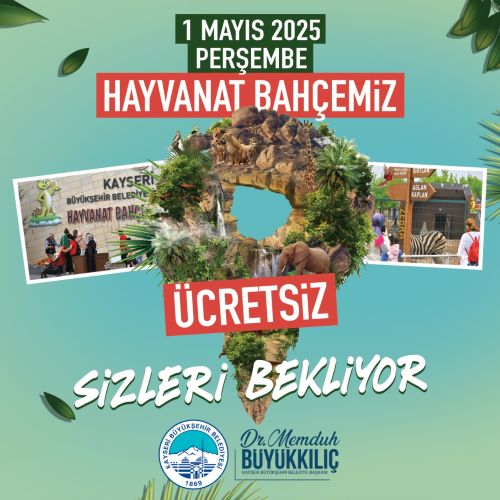 Kayseri Büyükşehir Belediyesi'ne ait hayvanat bahçesi, Başkan Dr. Memduh Büyükkılıç’ın talimatlarıyla 1 Mayıs Emek ve Dayanışma Günü kapsamında 1 gün süreyle kapılarını ücretsiz olarak ziyaretçilerine açacak.