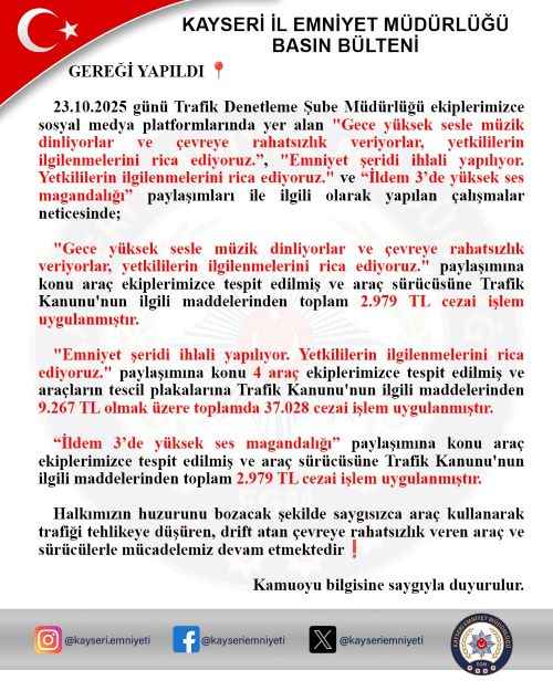 kayseride-polis-sosyal-medyadaki-ihbarlari-tek-tek-inceledi-gece-yuksek-sesle-muzik-dinleyen-emniyet-seridi-ihlali-yapan-suruculer-yakalandi-toplam-43-bin-liraya-yakin-cezai-islem-uygulandi-kayseri-polisi-huzuru-bozanlara-goz-actirmayacagiz-dedi