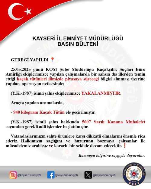kayseri-polisinden-buyuk-operasyon-cevre-illerden-getirilen-940-kilo-kacak-tutun-piyasaya-surulmeden-yakalandi