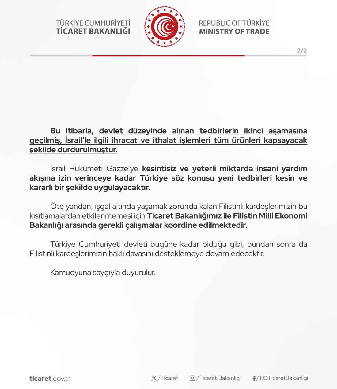 ticaret-bakanligi-israille-ilgili-ihracat-ve-ithalat-islemlerinin-tum-urunleri-kapsayacak-sekilde-durduruldugunu-bildirdi