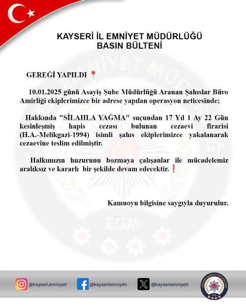 kayseride-duzenlenen-operasyonda-silahla-yagma-sucundan-17-yil-1-ay-22-gun-hapis-cezasi-bulunan-cezaevi-firarisi-ha-yakalanarak-cezaevine-teslim-edildi