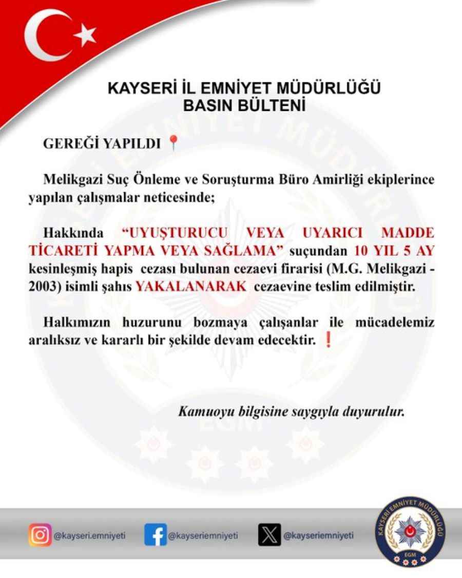 kayseride-hakkinda-uyusturucu-veya-uyarici-madde-ticareti-yapma-veya-saglama-sucundan-10-yil-5-ay-kesinlesmis-hapis-cezasi-bulunan-cezaevi-firarisi-mg-yakalanarak-cezaevine-gonderildi