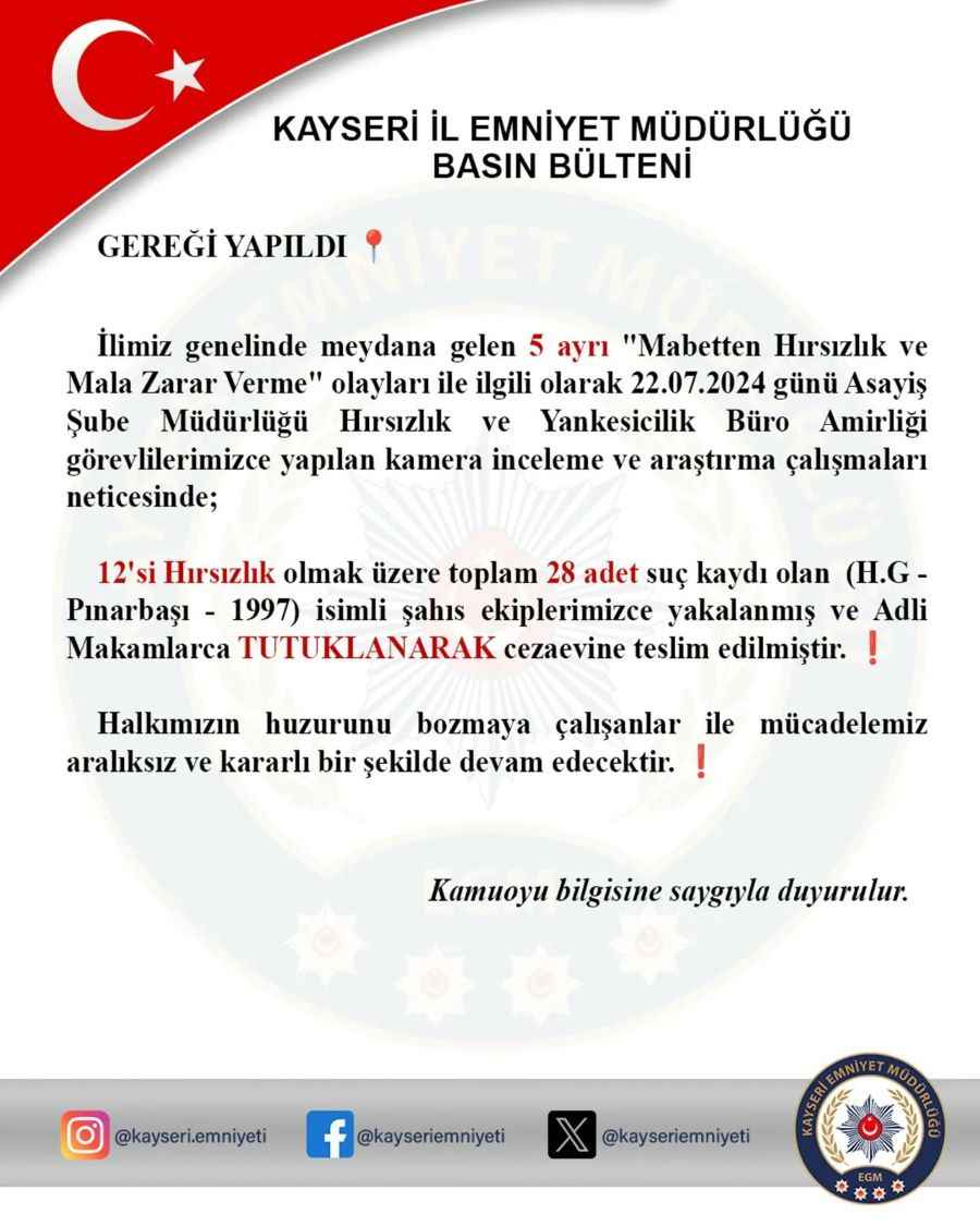 kayseride-polis-ekipleri-tarafindan-12si-hirsizlik-olmak-uzere-28-suc-kaydi-bulunan-hg-yakalanarak-cezaevine-teslim-edildi