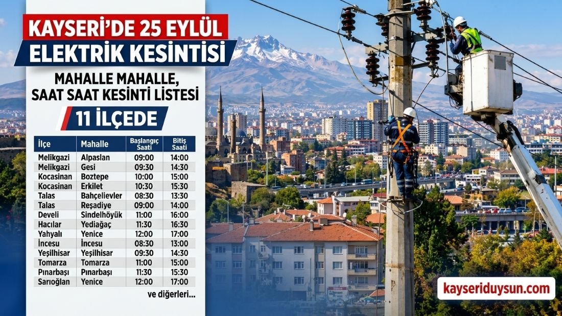 Kayseri’de 25 Eylül elektrik kesintisi! Mahalle Mahalle Saat Saat Kesinti Listesi