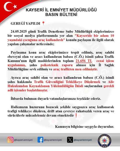 kayseride-bir-baba-10-yasindaki-ogluna-araba-kullandirdi-sosyal-medya-kullanicilarinin-ihbari-uzerine-harekete-gecen-ekipler-babaya-21-bin-656-tl-ceza-kesti-arac-trafikten-men-edildi